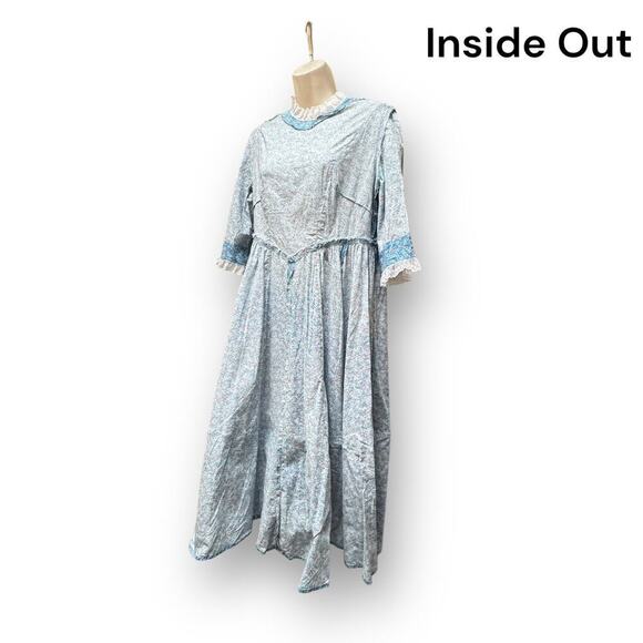 Vintage 1970s Large Handmade Blue Cotton Floral Prairie Dress, Cottagecore Lace - Picture 3 of 16